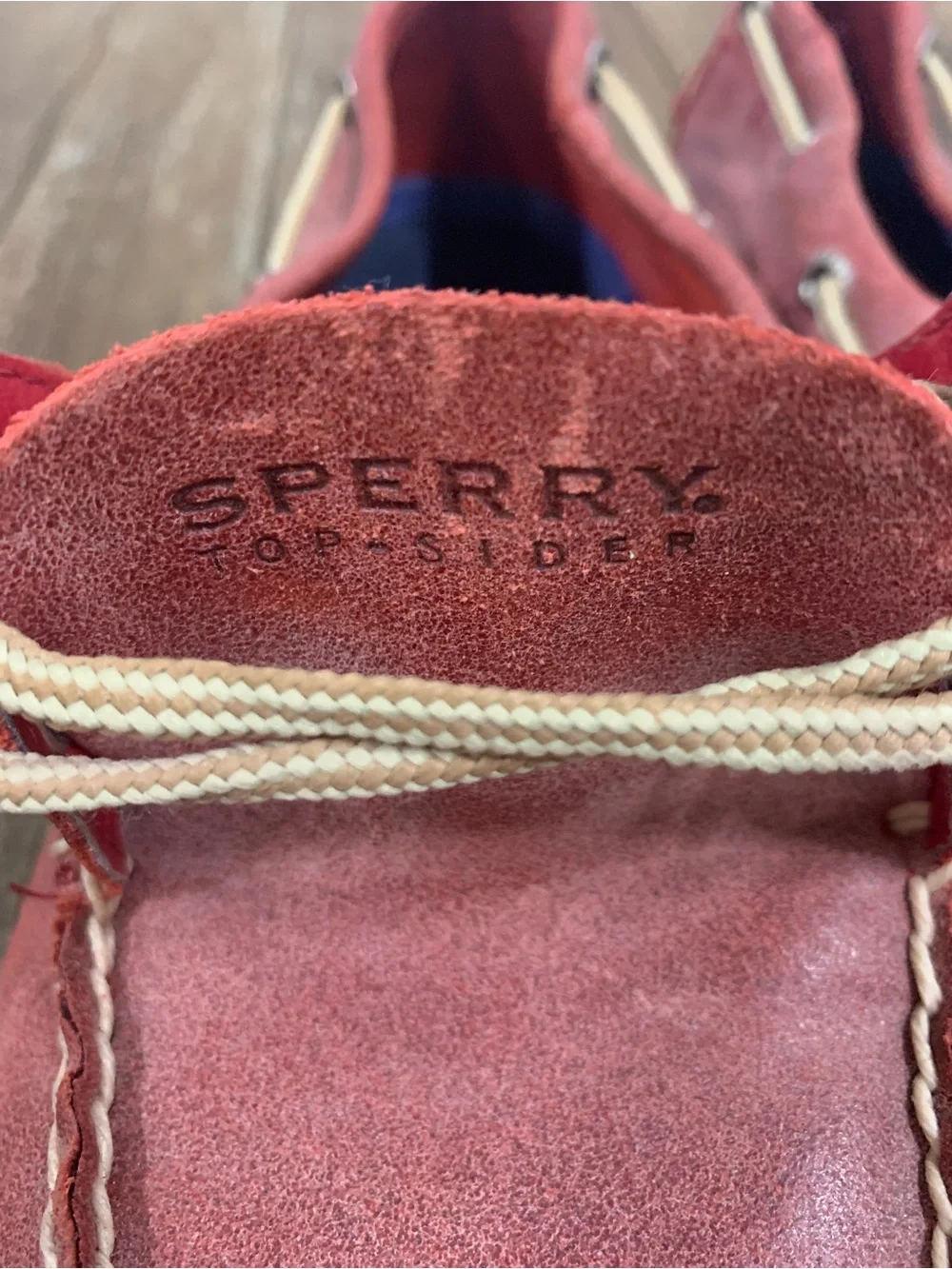 Sperry Distressed Red Leather Boat Shoes with Tan Laces
